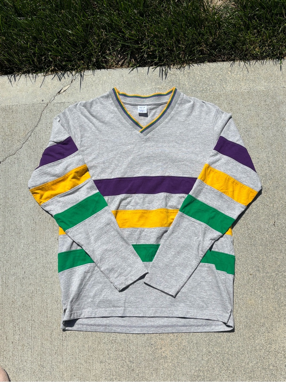 Men's V-Neck Long Sleeve Stripe Shirt in Gray with Purple, Yellow & Green